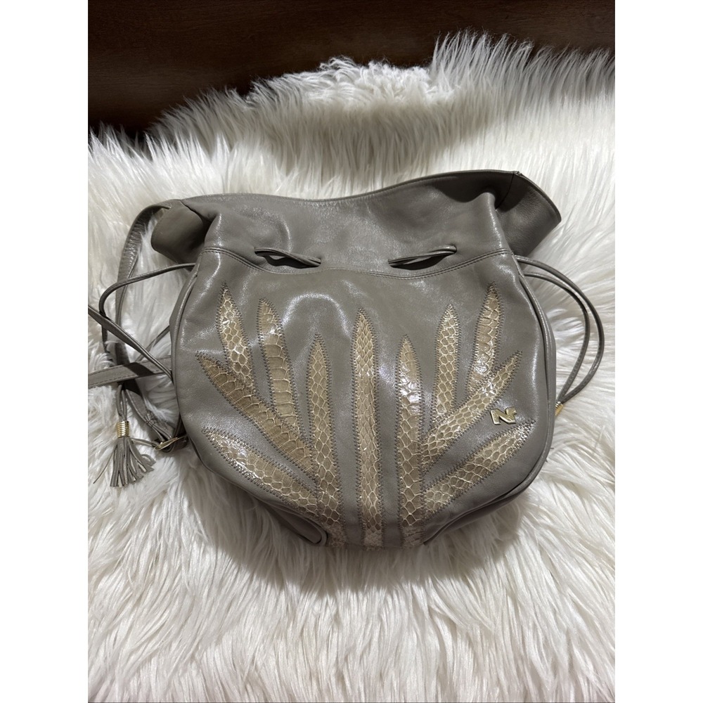 Nina Ricci Vintage 80's Leather Cross Body Bag Gray With Snake Skin Print  EUC